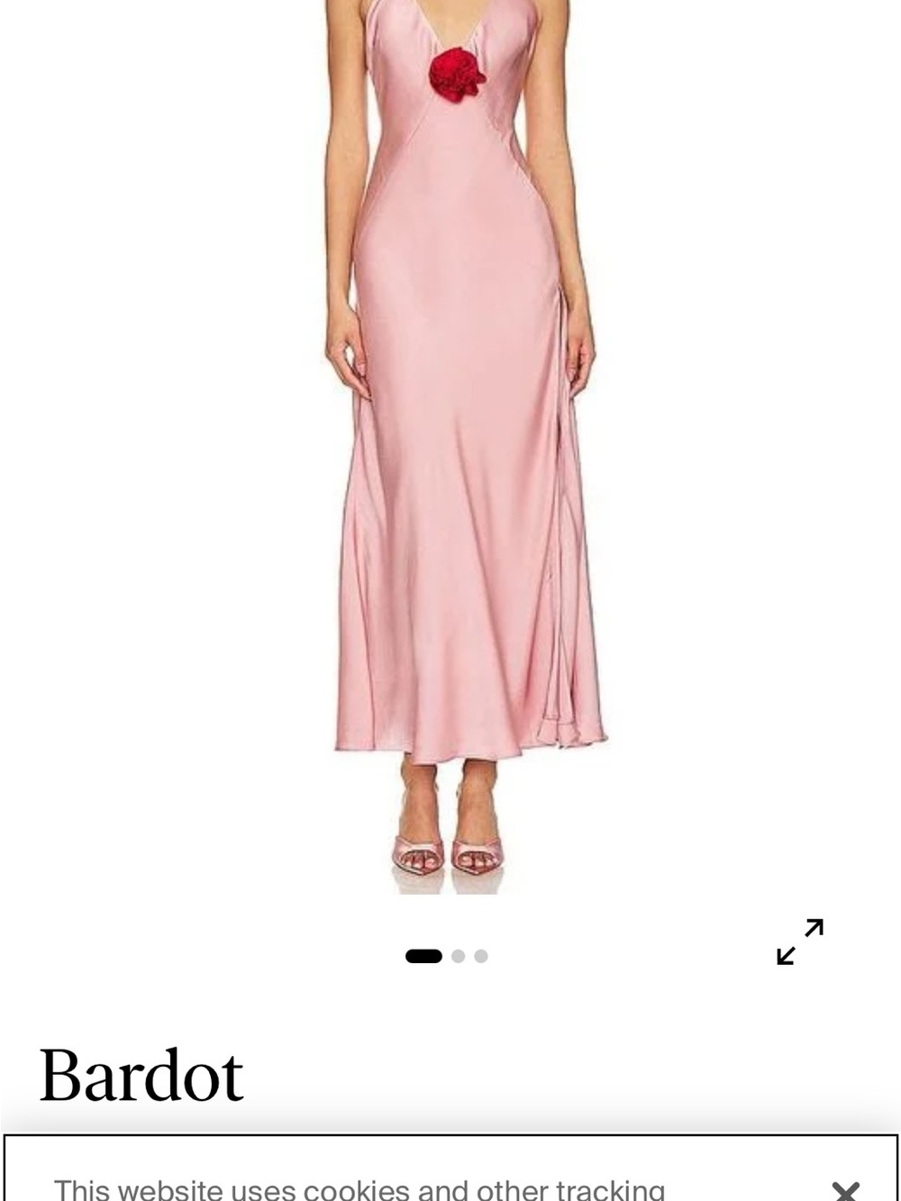 Bardot Blush Pink Satin Maxi Dress with Red Rosette
